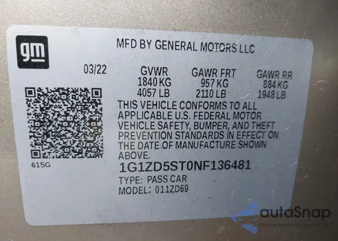 2022 Chevrolet Malibu Fwd Lt from USA, damaged, VIN 1G1ZD5ST0NF136481